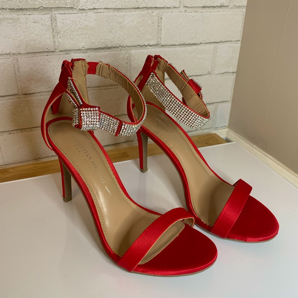NEW Christian Siriano Red Heels Satin Rhinestone Bling Stilleto Christmas